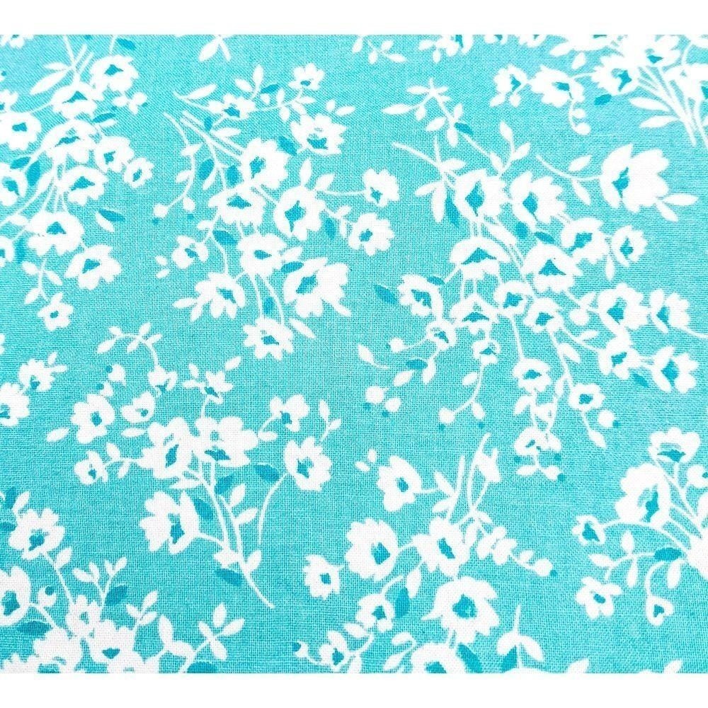 Floral Cotton Fabric 37x45 Teal White Print Vintage Quilting Sewing Material VTG